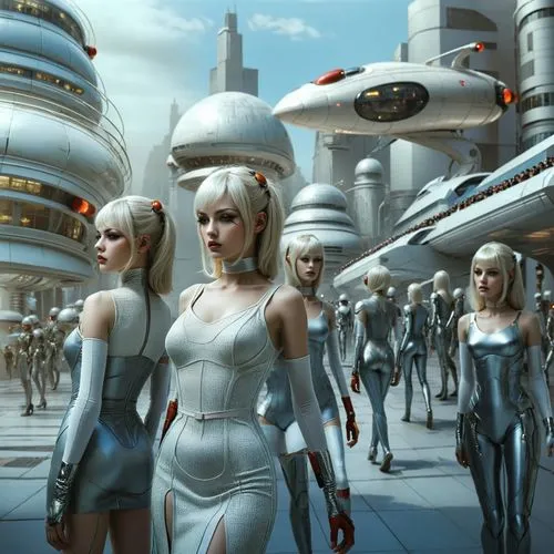 futuristic city, 100 beautiful female androids,a bunch of people standing around together near a futuristic city,fembots,cylons,transhumanism,orbiters,sci fi,cyberangels,Photography,Documentary Photog