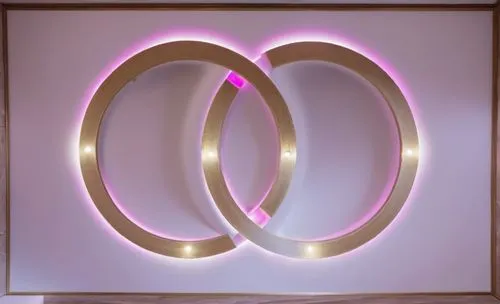 
Gypsum decoration in the ceiling of a room with hidden LED lighting,lighted canvas with two circular rings against pink background,airbnb logo,letter o,ocb,qvc,om,os,Photography,General,Realistic