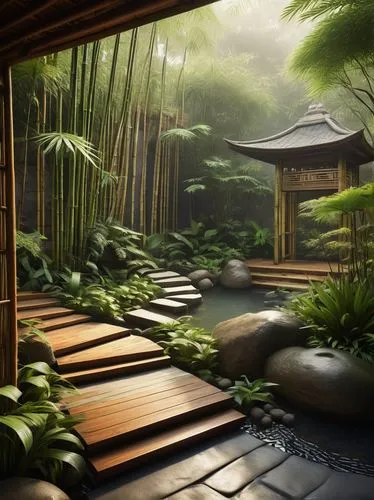 japanese zen garden,zen garden,ryokan,dojo,japanese-style room,teahouse,japanese garden,bamboo forest,bamboo plants,ryokans,onsen,japan garden,asian architecture,japanese garden ornament,japanese shrine,bamboo,world digital painting,tropical forest,zen,bamboo curtain,Conceptual Art,Graffiti Art,Graffiti Art 12