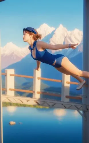 The camera captures a stunning masterpiece of a caucasian girl crafted from delicate fabrics and feathers. She wears a blue top hat and a white leggings as she jumps of a powerful bridge. She stretche