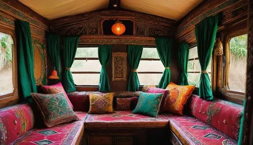 railway carriage,train car,moroccan pattern,rail car,gypsy tent,train compartment,cabin,charter train,passenger car,camping bus,campervan,railcar,parlor,the interior of the,seating area,the vehicle interior,train seats,sitting room,christmas travel trailer,kilim,Illustration,Black and White,Black and White 16