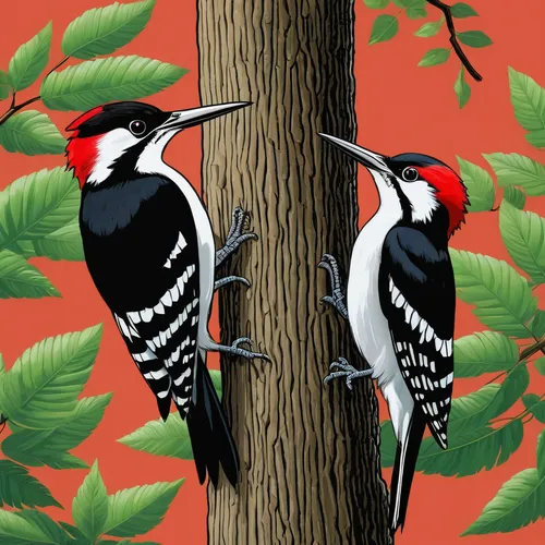 Write a humorous dialogue between two woodpeckers arguing over the best tree to peck.,ivory-billed woodpecker,red-bellied wood pecker,woodpecker,flicker woodpecker,woodpecker bird,pileated woodpecker,