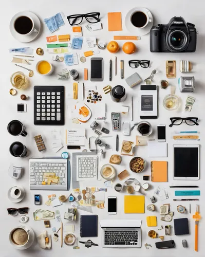 flat lay,blur office background,office supplies,clutter,office icons,organization,disassembled,abstract corporate,still life photography,school tools,flatlay,the living room of a photographer,objects,assemblage,office equipment,electronic waste,desk accessories,set of icons,desk top,components,Unique,Design,Knolling