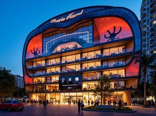 Vibrant opera house, postmodernist architecture, curvaceous lines, irregular shapes, bold color blocking, abstract patterns, futuristic LED lighting, undulating glass fa\u00e7ades, cantilevered balcon