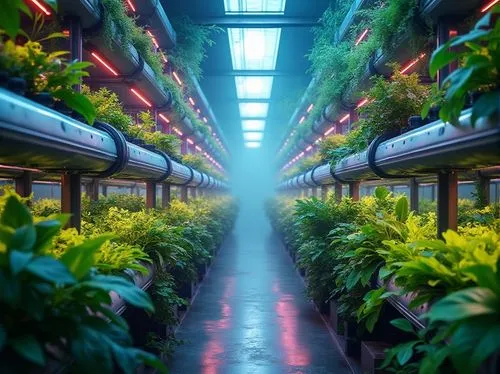 Vibrant greenery, lush foliage, neon-lit hydroponics, iridescent glass walls, futuristic metallic frameworks, sleek automated irrigation systems, misty atmospheric conditions, soft ethereal lighting, 