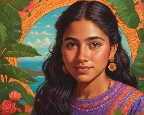 polynesian girl,pachamama,portrait of a girl,pocahontas,peruvian women,moana,fantasy portrait,frida,mystical portrait of a girl,adelita,girl portrait,indian woman,guatemalan,indigenous painting,native american,polynesian,woman portrait,rosa bonita,portrait background,girl in a historic way,Conceptual Art,Daily,Daily 25