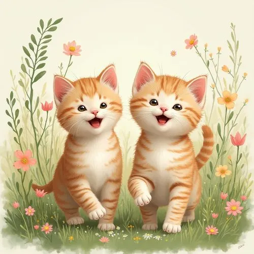 cute cartoon image,kittens,two cats,cute animals,vintage cats,ginger kitten