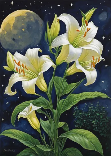 moonflower,beach moonflower,lilies of the valley,lilium candidum,easter lilies,lilies,lillies,star of bethlehem,madonna lily,garden star of bethlehem,star-of-bethlehem,magnolia star,stargazer lily,lilly of the valley,white lily,calla lilies,carol colman,night-blooming jasmine,white magnolia,cluster-lilies,Illustration,Paper based,Paper Based 26