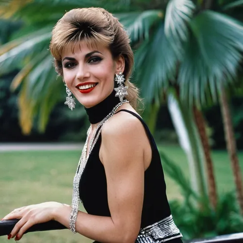 View of laughing woman sitting in the bench by alley in tropical park with lake, in park alley waling other attractive women. Woman clothed in sleeveless turtleneck black top. View of attractive rich 