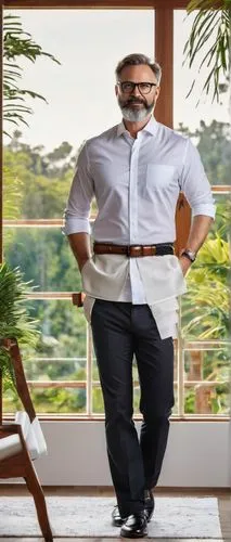 Middle-aged architect, bespectacled, short brown hair, neatly trimmed beard, white shirt, black trousers, leather belt, black loafers, standing, hands in pockets, modern villa, large windows, wooden d