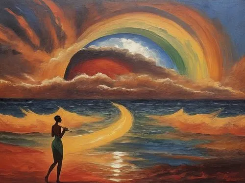 mesmerizing painting,oil painting on canvas,dream art,dreamtime,art painting,oil painting,rainbow waves,seascape,man at the sea,dreamscapes,rainbow clouds,surrealism,psychosynthesis,dreamscape,surreal