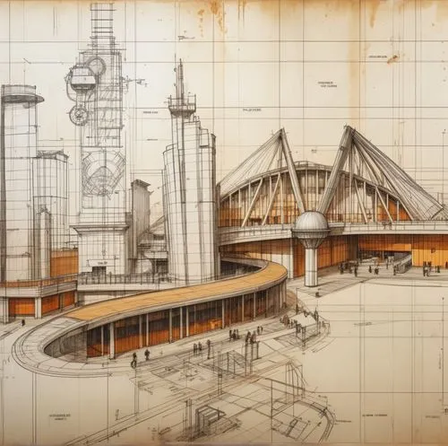 a large drawing of architectural plans and design for a public transportation center,archigram,megaproject,guangzhou,shanghai disney,unbuilt,megastructures,Unique,Design,Infographics