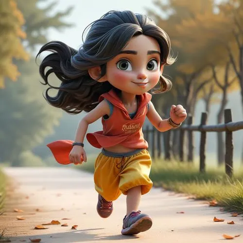 Running ,cartoon girl running down the road in the animated movie monsters,little girl running,female runner,cute cartoon character,moana,running,annabeth