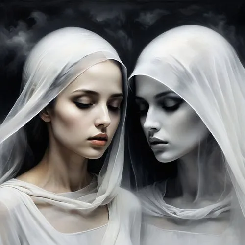 priestesses,canonesses,monjas,handmaidens,sorceresses,gothic portrait,prioress,mourners,womenpriests,vestals,norns,porcelain dolls,the angel with the veronica veil,veils,acolytes,maidens,mirror image,hekate,annunciation,deaconesses,Illustration,Realistic Fantasy,Realistic Fantasy 17