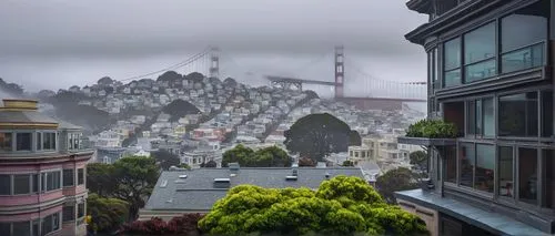 Modern architectural design, San Francisco, foggy day, Golden Gate Bridge in background, sleek glass skyscraper, steel beams, curved lines, rooftop garden, lush greenery, cityscape view, busy streets,