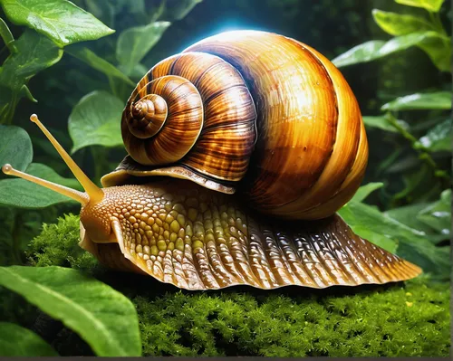 In a magical garden, a land snail discovers its hidden powers.,garden snail,land snail,snail,snail shell,banded snail,gastropod,snails and slugs,nut snail,gastropods,snails,snail shells,marine gastrop