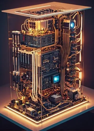 Computer architecture design, multiple levels, motherboard, CPU, GPU, RAM, ROM, circuit board, wires, microchips, transistors, diodes, capacitors, resistors, inductors, breadboard, electronic componen