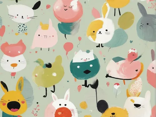 woodland animals,whimsical animals,forest animals,seamless pattern,easter background,round kawaii animals,animal stickers,animal shapes,round animals,background pattern,kawaii animals,seamless pattern repeat,cartoon forest,animal balloons,scrapbook paper,bunnies,rabbits,small animals,kawaii animal patch,animal icons,Conceptual Art,Oil color,Oil Color 01