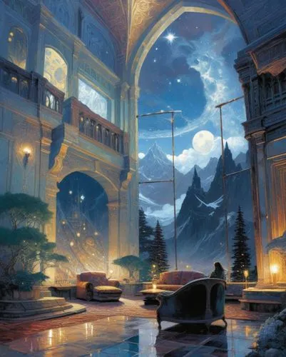 night scene,fantasy landscape,fantasy picture,winter night,kinkade,hall of the fallen,moonlit night,seregil,fantasy art,evening atmosphere,citadels,at night,ancient city,world digital painting,karakas