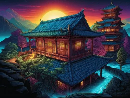 dojo,chuseok,shambhala,japanese restaurant,world digital painting,yamatai,japan landscape,teahouse,asian architecture,lonely house,japanese shrine,house in mountains,ancient house,fantasy landscape,kazoku,muramasa,landscape background,fengshui,japanese background,oriental lantern,Illustration,Realistic Fantasy,Realistic Fantasy 25