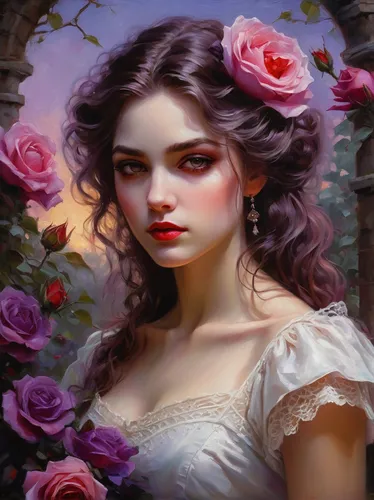 fantasy portrait,purple rose,romantic portrait,romantic rose,lilac blossom,la violetta,rosa,rosa ' amber cover,with roses,acerola,rose flower illustration,rosa 'the fairy,digital painting,blooming roses,wild roses,porcelain rose,pink roses,scent of roses,pink rose,bright rose,Conceptual Art,Oil color,Oil Color 06