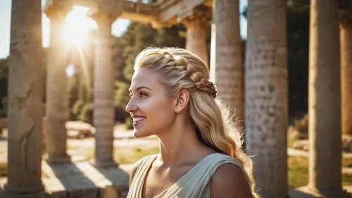 beautiful woman in ancient greece,artemis temple,girl in a historic way,ancient greek temple,a girl's smile,thracian,elsa,elaeis,golden wreath,greek temple,ancient olympia,sun bride,greek mythology,an