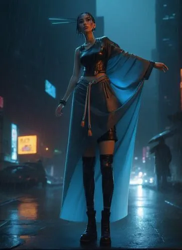 a woman in costume walking through the rain,raincoat,bladerunner,blue rain,caped,xcx,rainwear,Illustration,Realistic Fantasy,Realistic Fantasy 06