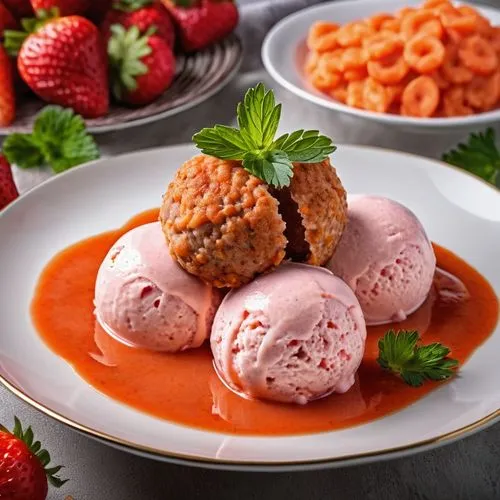 strawberry dessert,strawberry ice cream,viennese cuisine,kofta,knödel,hungarian food,meatballs,frikadeller,fruit ice cream,chicken paprikash,semifreddo,quark raspberries,cranachan,currywurst,czech cuisine,strawberries cake,pork tenderloin,minced beef steak,sorbet,vanillekipferl,Photography,General,Realistic