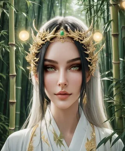 fantasy portrait,oriental princess,wuchang,junshan yinzhen,yi sun sin,elven,inner mongolian beauty,laurel wreath,asian vision,asian costume,elven flower,xiangwei,portrait background,xizhi,hwachae,lilies of the valley,jasmine blossom,oriental girl,bamboo,mystical portrait of a girl,Photography,Natural