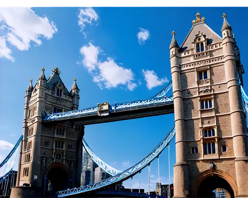 Tower bridge, London landmark, Victorian Gothic style, stone towers, blue sky, sunny day, dramatic clouds, morning light, 3/4 composition, low-angle shot, majestic atmosphere, warm color tone, cinemat