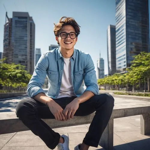 Young adult, male intern, 20s, casual wear, blue denim shirt, white T-shirt, black glasses, messy brown hair, smiling face, sitting on a concrete bench, surrounded by modern buildings, urban skyscrape