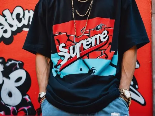 Supreme logo, trendy streetwear, casual wear, graphic t-shirt, distressed denim jeans, bold sneakers, hip-hop style, confident posture, hands in pocket, relaxed atmosphere, urban setting, city streets