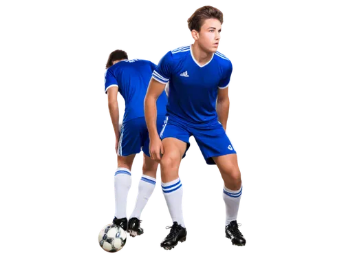 Young athletic male, soccer player, dynamic pose, muscular legs, strong calf muscles, white soccer socks, black shin guards, Adidas cleats, blue shorts, sleeveless jersey, sweaty hair, focused express