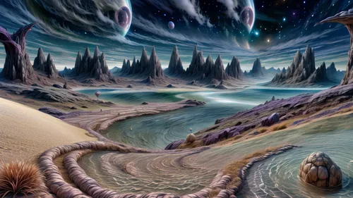 fantasy landscape,alien world,alien planet,futuristic landscape,lunar landscape,terraforming,ice planet,salt meadow landscape,fantasy picture,dune landscape,fossil dunes,mushroom landscape,sci fiction illustration,fantasy art,valley of the moon,karst landscape,aeolian landform,desert landscape,moon valley,planet eart