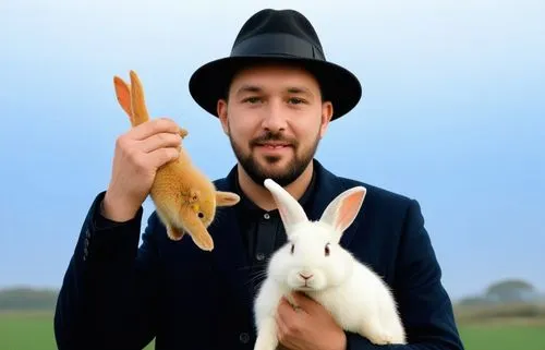 a young man in hat holding up two small animals,lebeouf,jamiroquai,myxomatosis,rabbit pulling carrot,lepus,peter rabbit