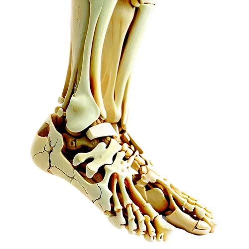 Right foot, skeletal system, detailed bones, ankle joint, metatarsal bones, phalanges, calcaneus, talus, cuboid bone, navicular bone, cuneiform bones, 3/4 composition, close-up shot, soft lighting, re