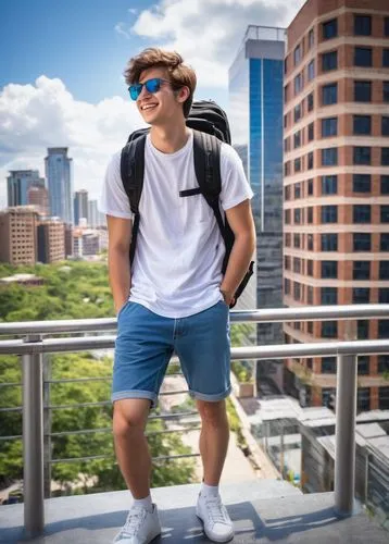 Young adult, male intern, architecture student, 20yo, casual wear, blue denim shorts, white graphic t-shirt, black sneakers, backpack, sunglasses, messy brown hair, smiling face, standing, urban setti