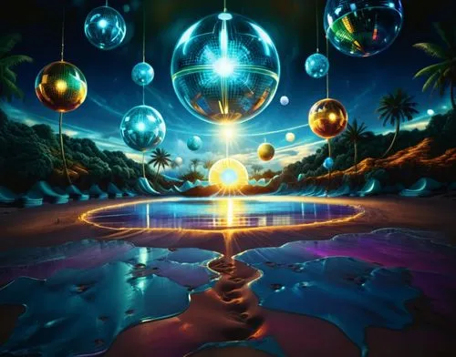 amazing  fractal,the night scene is in 3d graphics with planets,cosmosphere,legendarium,rayman,crystal ball,spheres,fantasia,Illustration,Realistic Fantasy,Realistic Fantasy 38