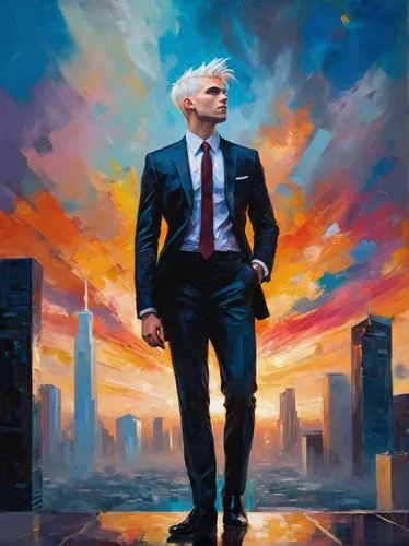 GSG architecture, futuristic skyscraper, Casper Wy, solo, (25yo), handsome detailed face, blue eyes, short white hair, black suit, white shirt, tie, black trousers, leather shoes, standing, looking up