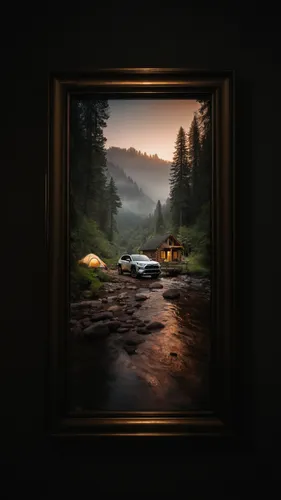 Miniimalist Photography frame on the interior wall,the cabin in the mountains,landscape background,house in the forest,house in mountains,house in the mountains,camper van isolated,campsite,home lands