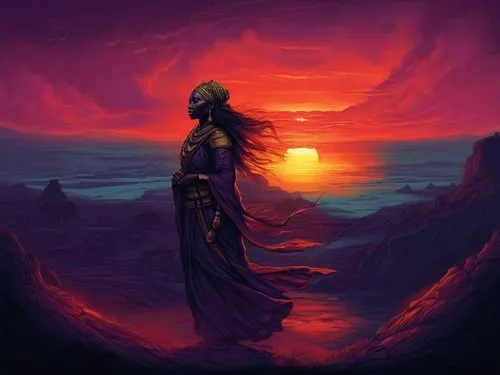 sunset at africa,an illustration of a man standing in the mountains at sunset,firewind,fantasy picture,melkor,raistlin,sundancer,khayyam,Illustration,Realistic Fantasy,Realistic Fantasy 25