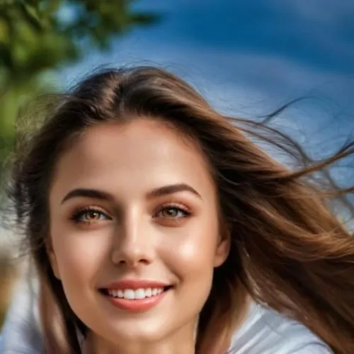 Es hermosa, sus ojos grandes color miel, su sonrisa inspira, sus labios hermosos, su cabello larga haciendo remolinos con el viento, imagen de alta calidad HDR, súper HD,a woman smiling while wearing 