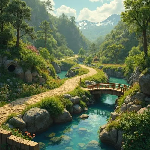 fantasy landscape,mountain spring,rivendell,japan landscape,landscape background,scenic bridge,river landscape,nargothrond,adventure bridge,dragon bridge,gondolin,nature landscape,japanese garden,hiking path,beautiful landscape,cartoon video game background,natural scenery,fantasy picture,beauty scene,hotsprings,Photography,General,Realistic