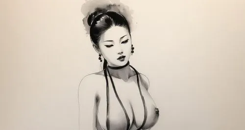 Passion Sexy Painting ,Naked Woman  Abstract Body Art Oil Painting,the woman in black is wearing a halter neck top and id,charcoal drawing,charcoal pencil,geisha girl,ink painting,underpainting,asian 