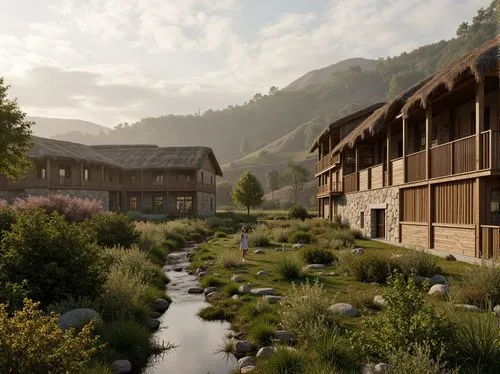 Rustic rural landscape, rolling hills, wooden farmhouses, natural stone walls, earthy tones, reclaimed wood accents, thatched roofs, greenery overhangs, wildflower meadows, babbling brooks, misty morn