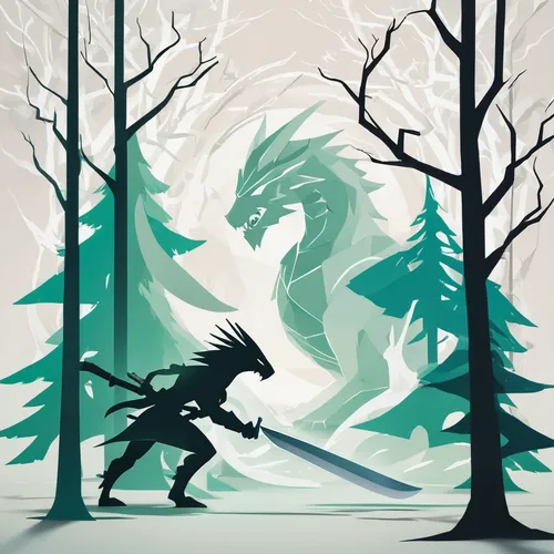 forest dragon,green dragon,skyrim,mobile video game vector background,vector illustration,vector art,game illustration,dragon slayer,painted dragon,dragon of earth,vector graphic,two wolves,dragon,vector image,dragon design,forest background,warrior and orc,coniferous forest,silhouette art,lone warrior,Illustration,Black and White,Black and White 32