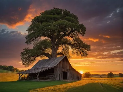 Rustic pole barn, rural landscape, sunset, wooden structure, metal roofing, weathered wood, natural texture, rolling hills, green pastures, few cows grazing, wildflowers blooming, old oak tree nearby,