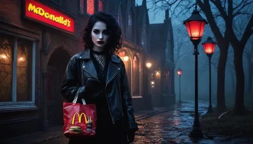 photo session at night,dark mood food,woman with ice-cream,noir,red bag,vampire woman,dark gothic mood,oscuro,dark portrait,city ​​portrait,film noir,dark park,girl walking away,petrova,nacht,grocery bag,photoshop manipulation,black coat,walking in the rain,night scene,Art,Artistic Painting,Artistic Painting 08