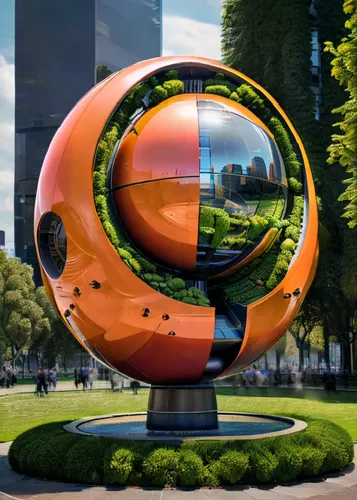 there are a lot of different types of sculptures on display in the park,glass sphere,torus,swirly orb,spherical,orb,sphere,Photography,General,Sci-Fi