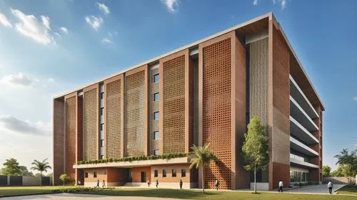 Create the exterior façade of a modern university building with a strong emphasis on brick jali work. The design should integrate a balance of tradition and contemporary architecture, with intricate b